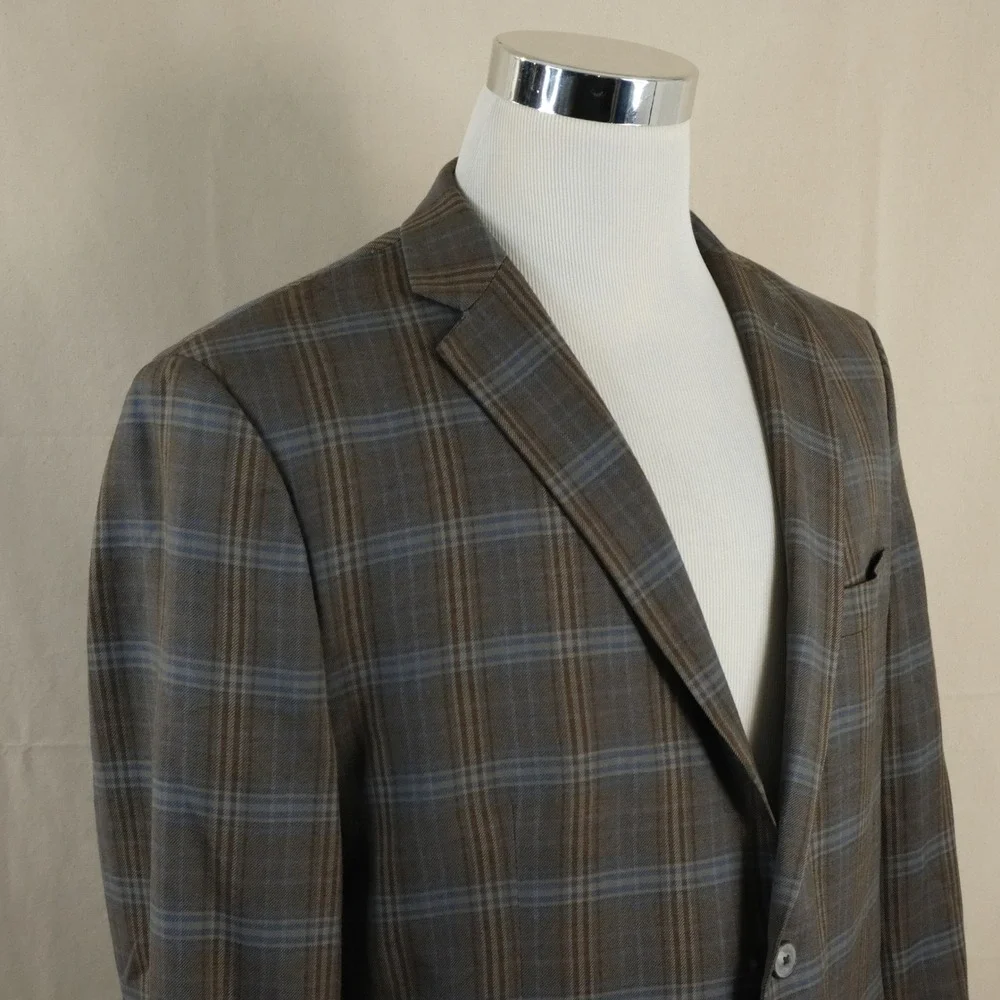 Johnston & Murphy Large Sport Coat 100% Wool Brown Plaid Two Button Double Ventd